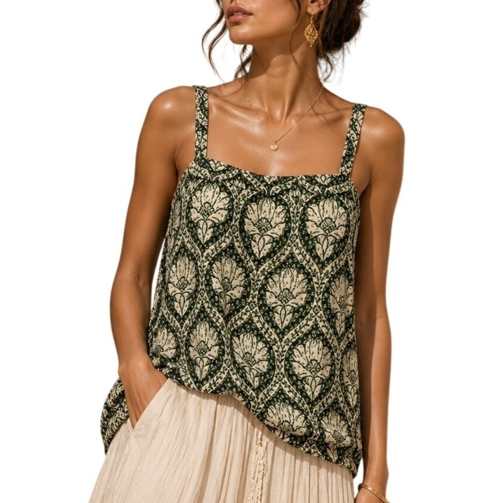 White House Black Market Green Black Floral Damask‎ Camisole Top Size M